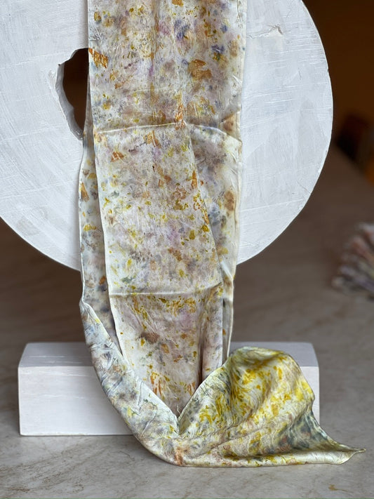 charmeuse silk scarf 6x54 white background, grey,yellow,green;delcate design. Botanically dyed