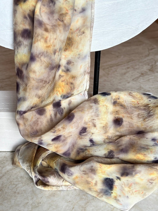 botanically dyed with palnts &amp; flowers, one-of-a-kind,silk Charmeuse silk dark spots with brown yellow orange