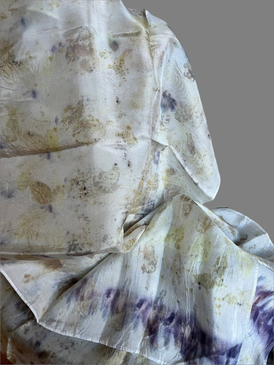 silk naturally dyed with Plants and flower,11x60 , scarf,shawl, green and brown pastels, purple at edges , botanical dyes