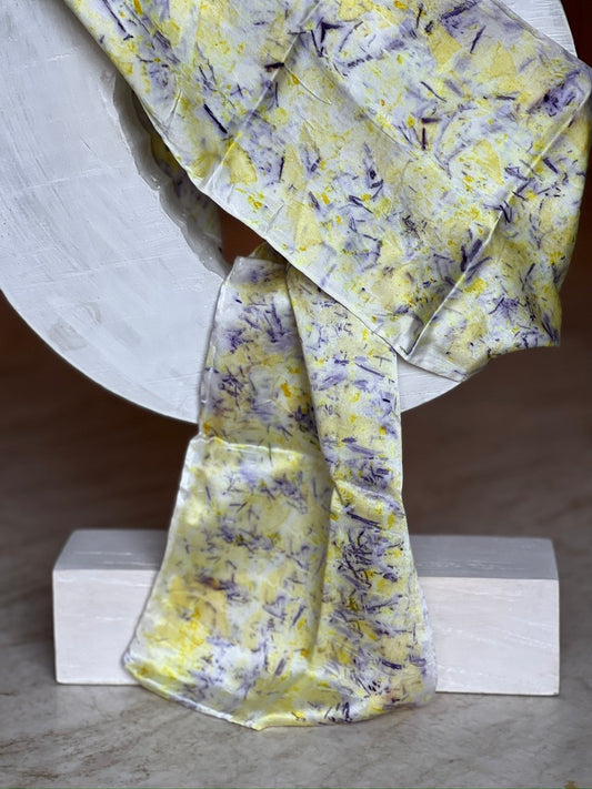 charmeuse silk scarf white ,purple & yellow abstract free form design