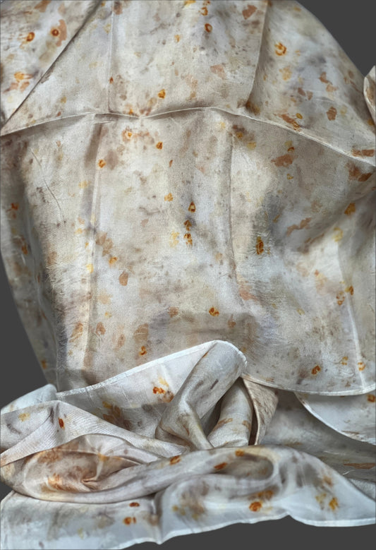 Botanically dyed silk scrf shawl . White,yellow gray main colors 